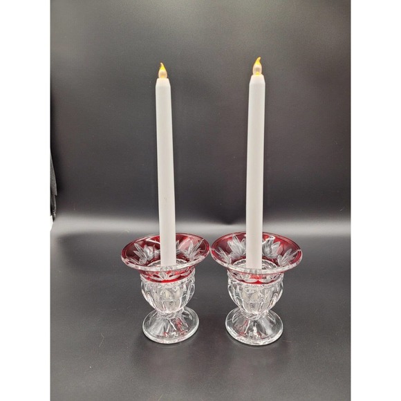 Cristal D'arques France Cut To Clear Candlesticks Ruby Red Crystal 2 Set - Picture 1 of 10
